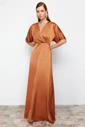 Brown A-Line Woven Satin Long Evening Evening Dress