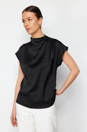 Black Satin High Neck Woven Blouse