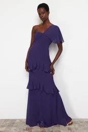 Purple A-Cut Ruffled Woven Long Evening Dress