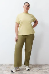 Curve Khaki Cargo Pocket Wide Cut Jeans
