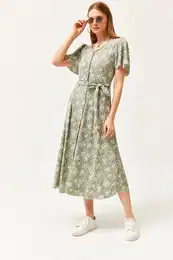 Women's Daisy Green V-Neck Belted Buttoned Knitted Dress