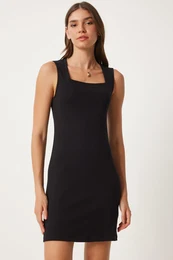 Happiness stanbul Women's Black Square Neck Thick Strap Knitted Dress