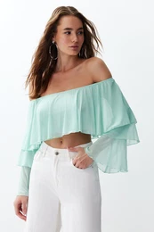 Mint Ruffle Detail Long Sleeve Lined Crop/Short Knitted Blouse