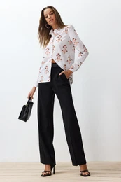 Ecru Floral Printed Balloon Sleeve Regular Fit Woven Shirt