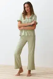 Mint 100% Cotton Ruffle Detailed Knitted Pajama Set