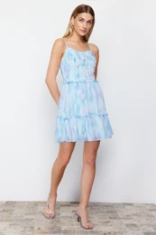 Blue Patterned Waist Opening V-neck Mini Lined Chiffon Woven Dress