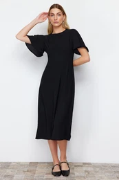 Black A-Line Crew Neck Button Detailed Midi Woven Dress