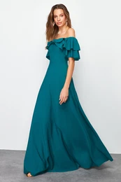 Emerald Green A-Cut Flounce Woven Long Elegant Evening Dress