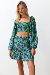 Floral Patterned Woven Balloon Sleeve Blouse Beach Skirt Set