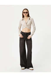 Double Breasted Knot Detailed Crop T-Shirt Long Sleeve Shirt Collar