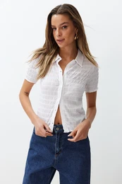 White Textured Fitted Short Sleeve Stretch Knitted Blouse