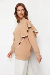 Beige Ruffle and Piping Detailed Oversized Knitted Tunic