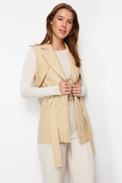 Beige Finike Belt Detailed Woven Vest