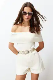 Stone Premium Yarn/Special Yarn Carmen Collar Knitwear Blouse