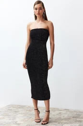 Black Body Fitted Lined Glittered Glittered Knitted Elegant Evening Dress