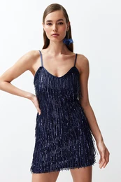 Navy Blue Woven Sequin Short Elegant Evening Dress