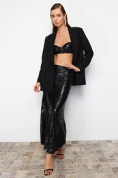 Black Woven Sequin Long Skirt