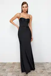 Black Fitted Corset Detailed Woven Satin Long Evening Evening Dress