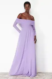 Lilac A-Cut Carmen Neckline Knitted Tulle Long Evening Evening Dress