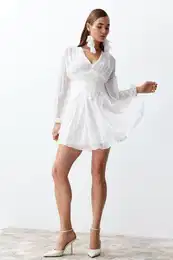 Bridal White A-Cut Corset Detailed Woven Short Elegant Evening Dress