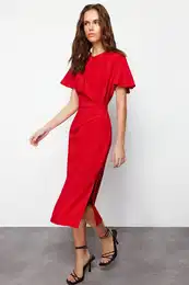 Red Straight Cut Gathered Midi Woven Dress