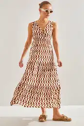 Women's Double Breasted Collar Flared Dress with Elastic Waist