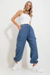 Trend Alaat Stili Women's Blue Waist And Leg Elastic Pocket Cargo Jogger Pants