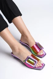 Women's Short Heel Buckled Patent Leather Crocodile Slippers