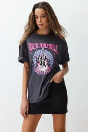 Anthracite 100% Cotton Printed Oversize/Wide Fit Crew Neck Knitted T-Shirt