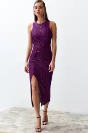Purple Fitted Shiny Sequin Knitted Sequin Elegant Evening Dress