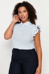 Curve Blue Shoulder and Collar Embroidery Detail Woven Shirt