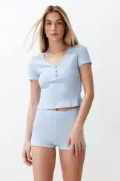 Light Blue Button Detail Knitted Pajama Set with Ribbed Shorts