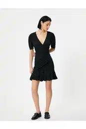 Mini Ruffle Dress V Neck Double Breasted Balloon Sleeve