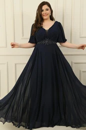 By Sayg Plus Size Long Chiffon Dress With A V-Neck Front Beaded Waist Draped and Lined Front Back