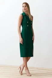Emerald Green Fitted Button Detailed Slit Midi Pencil Skirt Woven Dress