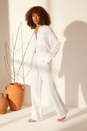 White 100% Linen Elastic Waist High Waist Wide Leg Trousers