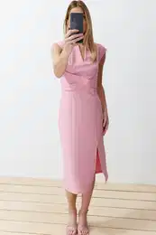 Pink Bodycon V-Neck Slit Detailed Midi Pencil Skirt Woven Dress