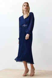 Navy Blue Belted A-Line Pleated Maxi Lined Chiffon Woven Dress