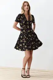 Black Floral Patterned Mini Woven Shirt Dress