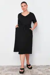 Curve Black Waist Rubber Detailed Midi Knitted Dress