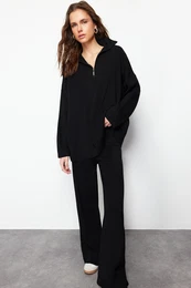 Black Comfortable Cut Stand Collar Basic Knitwear Top and Bottom Set