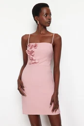 Powder Fitted Floral Woven Short Elegant Evening Dress
