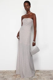 Silver Fitted Shiny Knitted Long Evening Dress