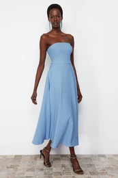 Blue A-Cut Woven Elegant Evening Dress