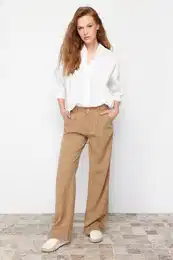 Camel 100% Tencel Pleated Brown High Waist Wide Leg Jeans