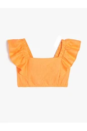 Linen Crop Blouse Butterfly Sleeve Square Neck