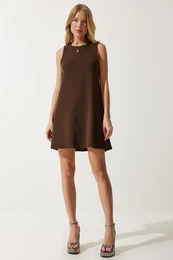 Happiness stanbul Women's Brown Crew Neck Summer Woven Bell Dress