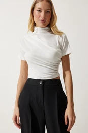 Happiness stanbul Women's White Gathered High Neck Knitted Blouse