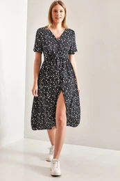 Women's Front Buttoned Belted Waist Floral Patterned Dress