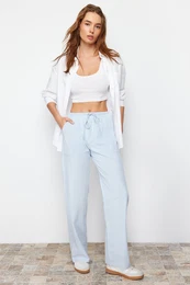 Light Blue Elastic Waist Chambre High Waist Wide Leg Jeans